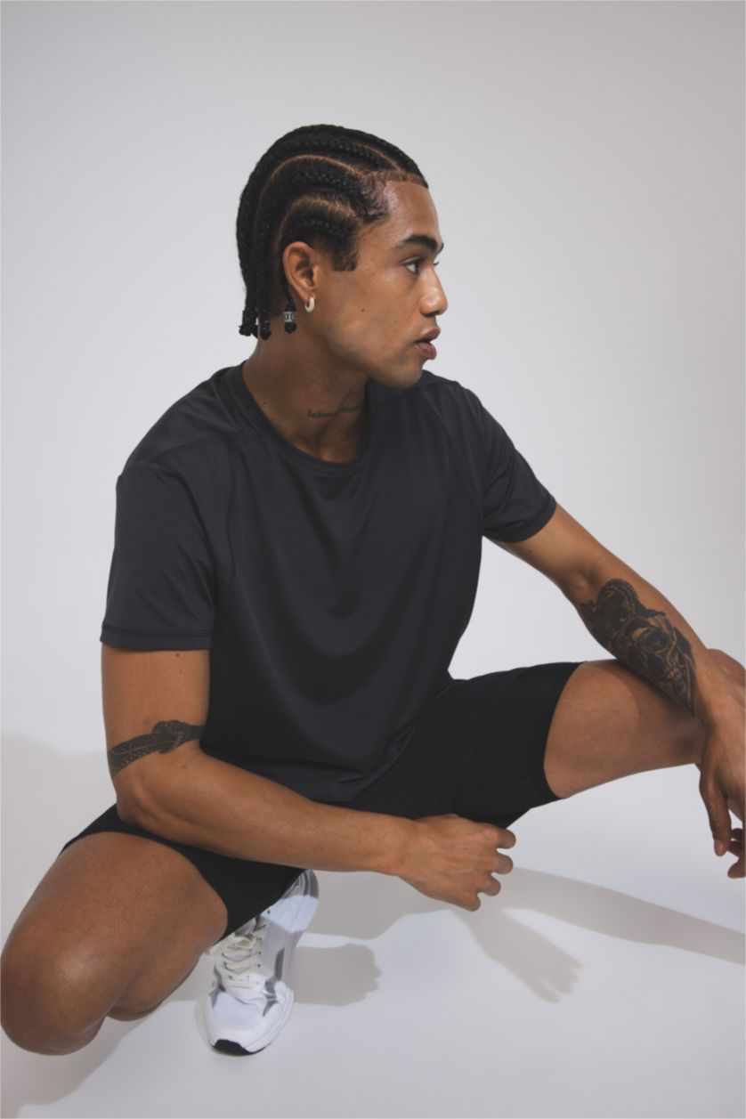 Erkek Antrasit DeFactoFit Standart Fit Bisiklet Yaka Sporcu Ağır Kumaş Basic Düz Kısa Kollu Tişört