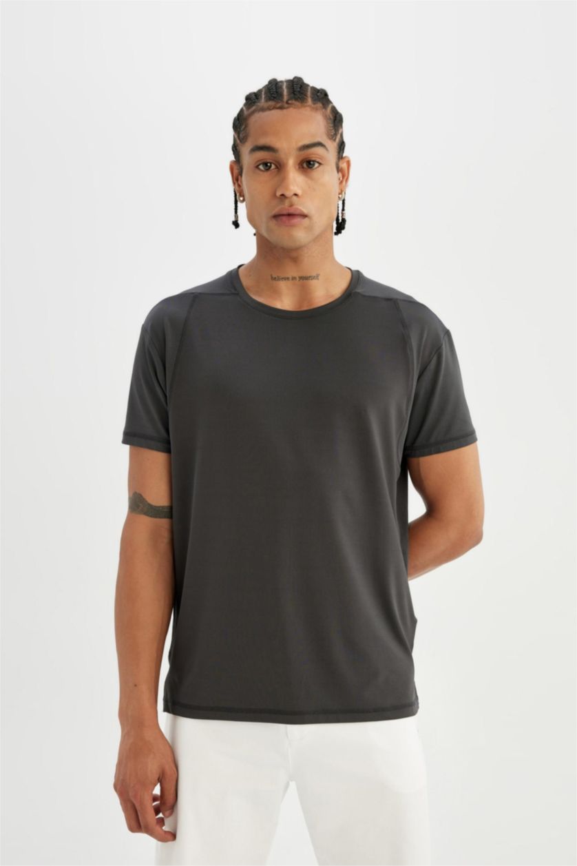 Erkek Antrasit DeFactoFit Standart Fit Bisiklet Yaka Sporcu Ağır Kumaş Basic Düz Kısa Kollu Tişört