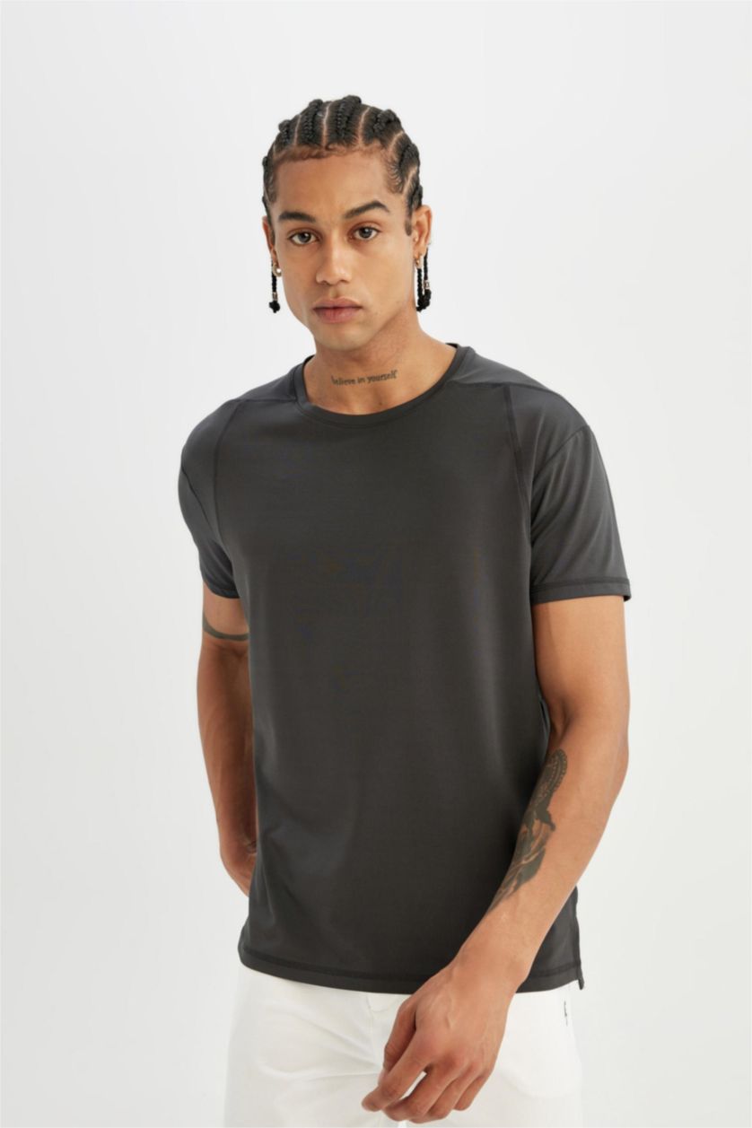 Erkek Antrasit DeFactoFit Standart Fit Bisiklet Yaka Sporcu Ağır Kumaş Basic Düz Kısa Kollu Tişört