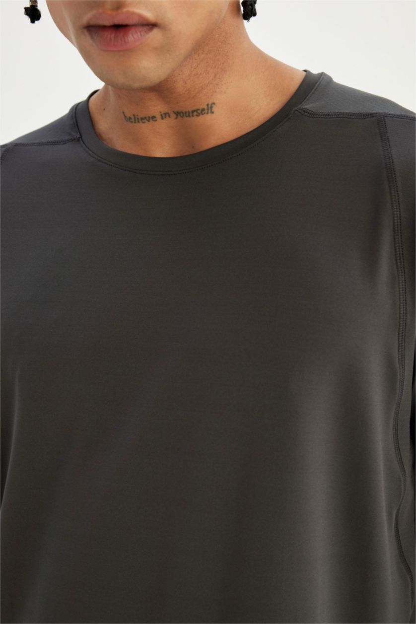 Erkek Antrasit DeFactoFit Standart Fit Bisiklet Yaka Sporcu Ağır Kumaş Basic Düz Kısa Kollu Tişört