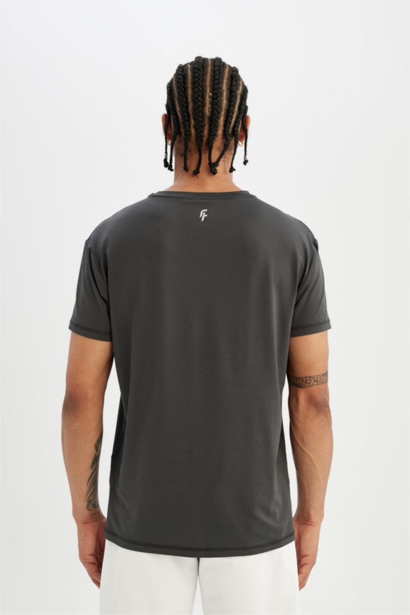 Erkek Antrasit DeFactoFit Standart Fit Bisiklet Yaka Sporcu Ağır Kumaş Basic Düz Kısa Kollu Tişört