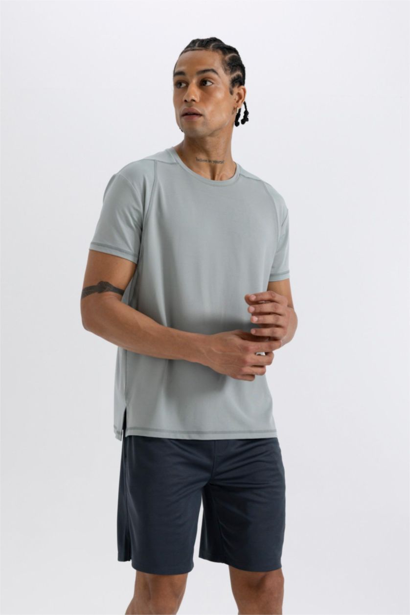 Man Light Grey DeFactoFit Standard Fit Crew Neck Heavy Fabric T-Shirt