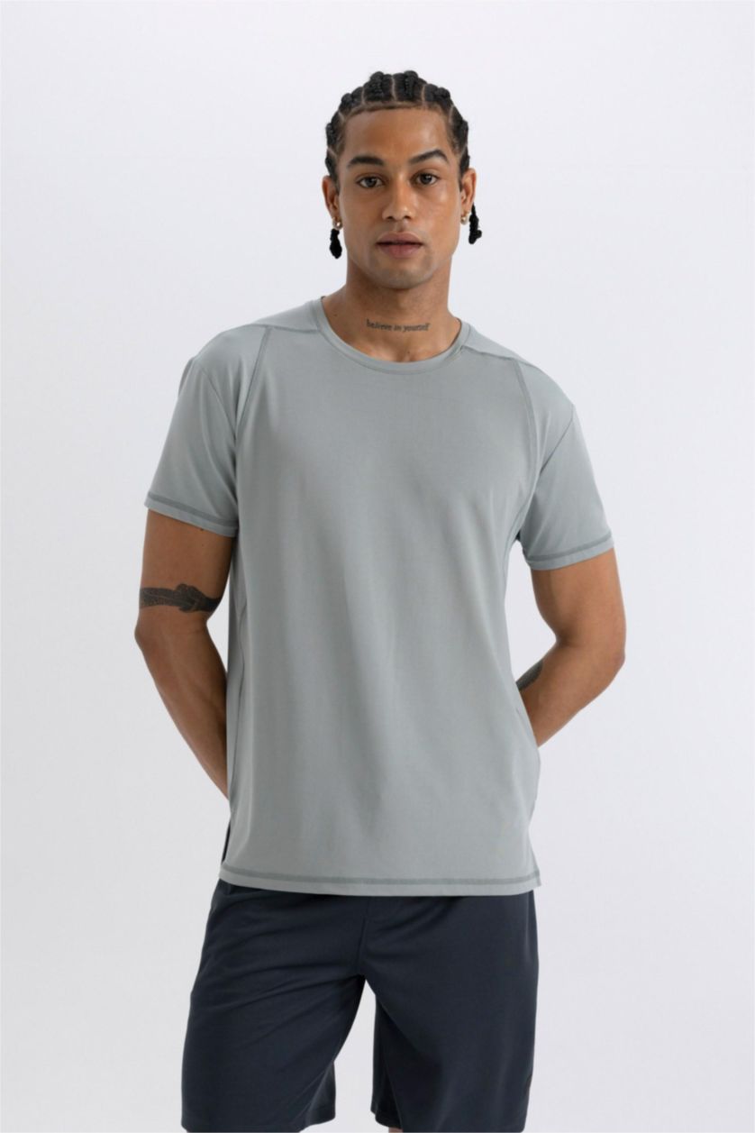 Man Light Grey DeFactoFit Standard Fit Crew Neck Heavy Fabric T-Shirt