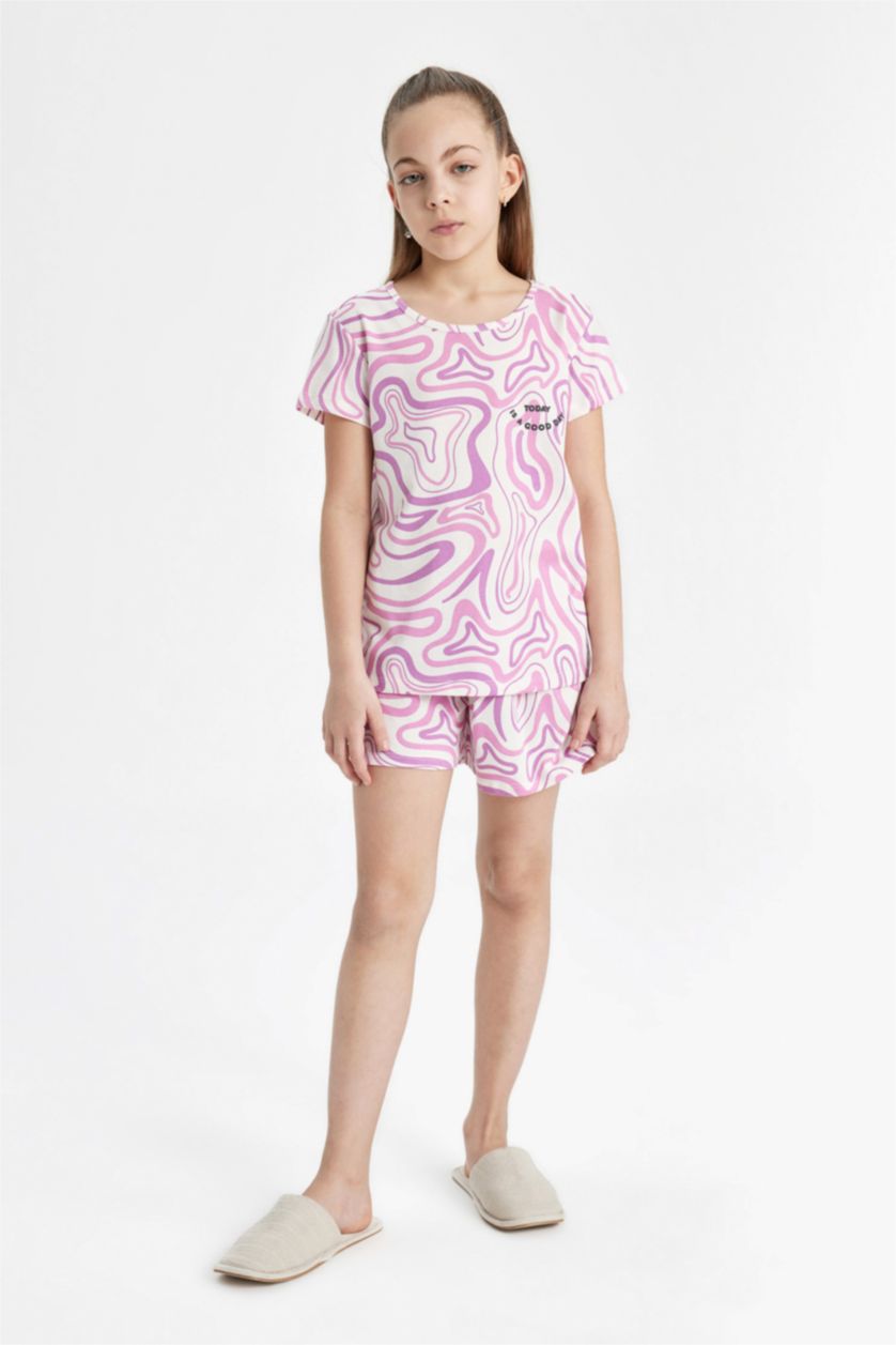 Kız Çocuk - Genç Kız Pembe Kız Çocuk Pijama Takımı Desenli Kısa Kollu Üst Şort