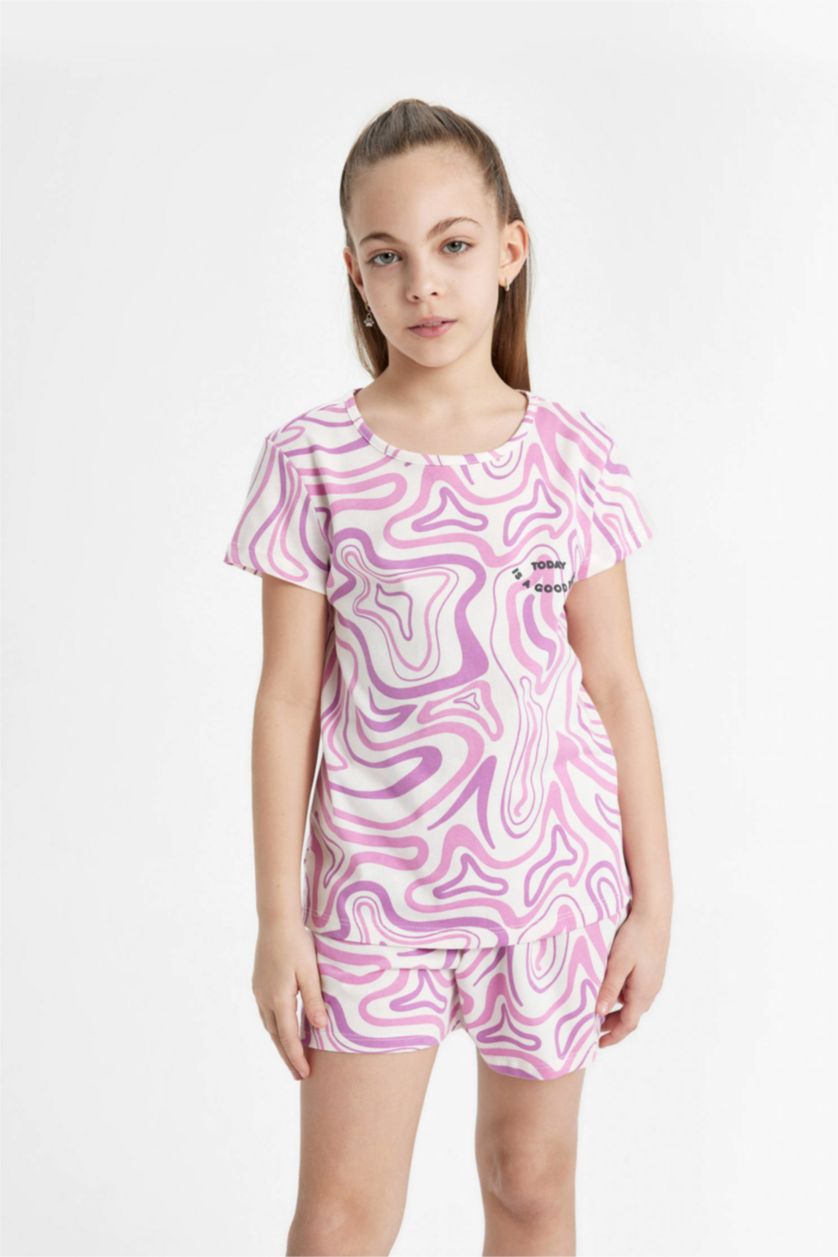 Kız Çocuk - Genç Kız Pembe Kız Çocuk Pijama Takımı Desenli Kısa Kollu Üst Şort