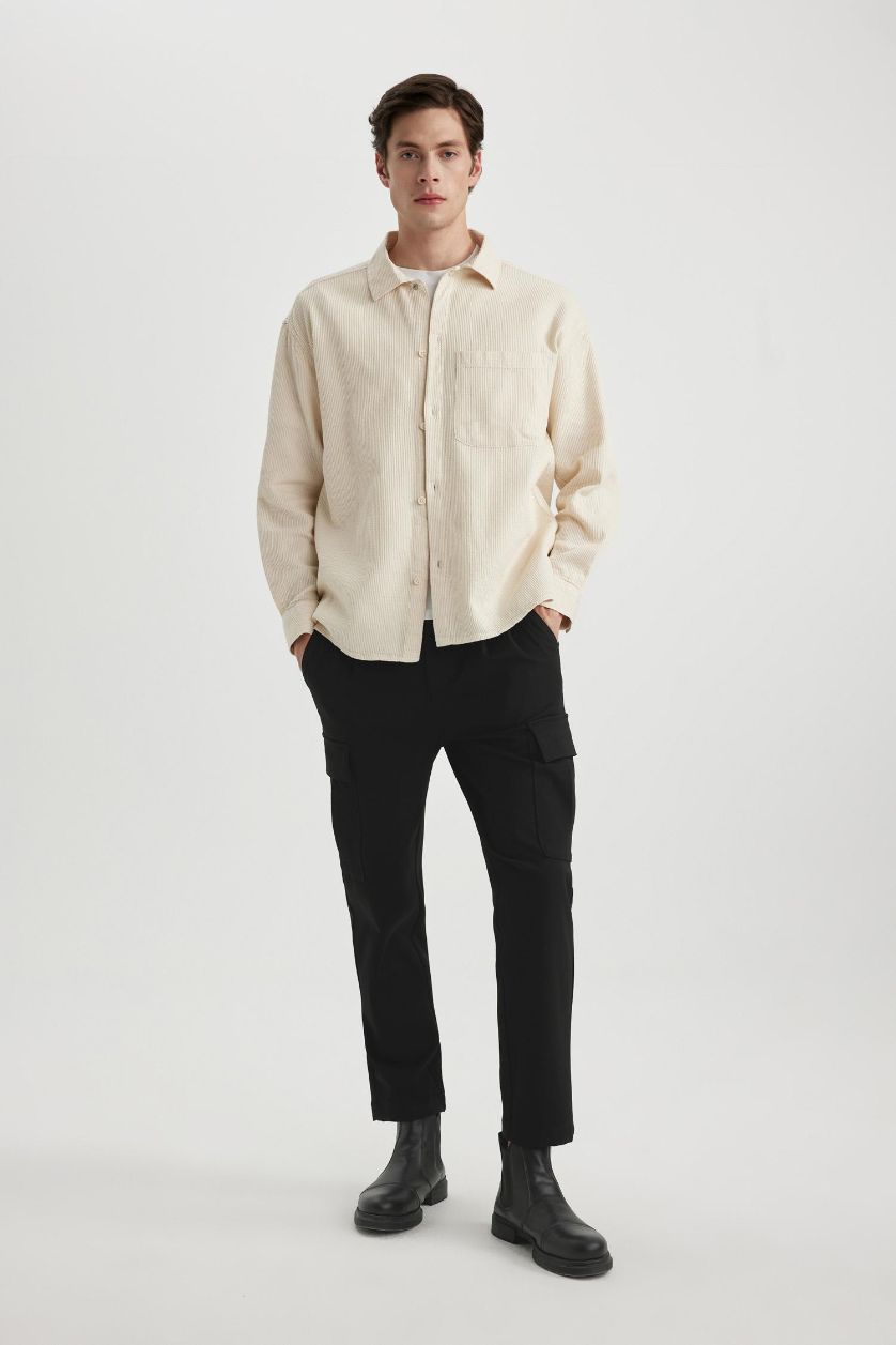 رجالي اللون الحجري قميص بولو كم طويل اوفر سايز