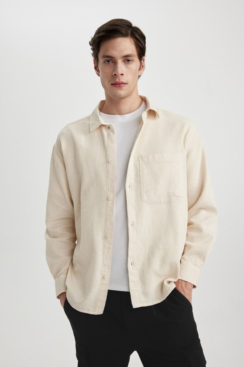 رجالي اللون الحجري قميص بولو كم طويل اوفر سايز