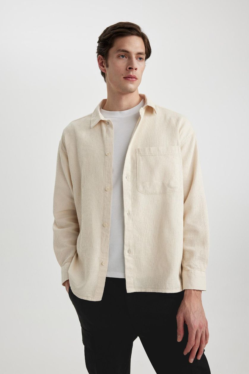 رجالي اللون الحجري قميص بولو كم طويل اوفر سايز