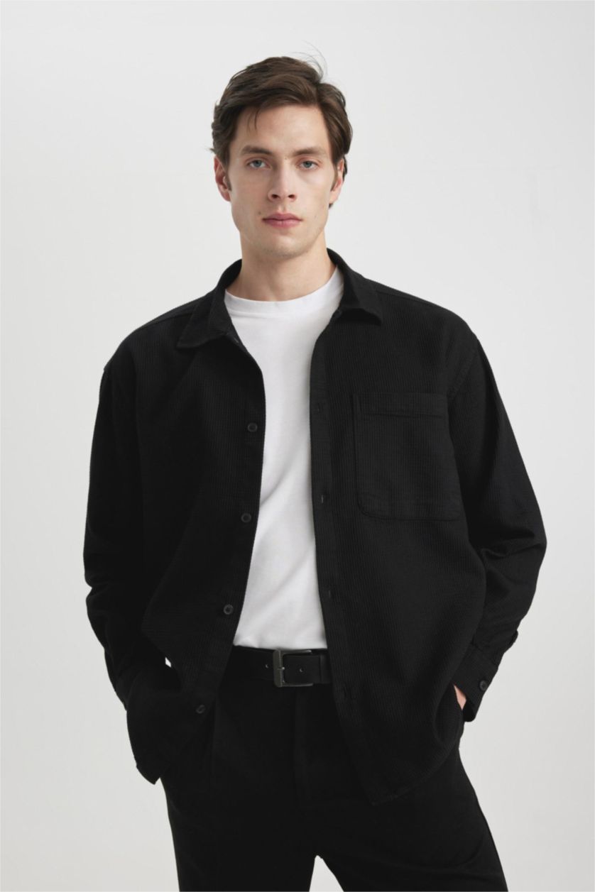 رجالي أسود قميص بولو كم طويل اوفر سايز