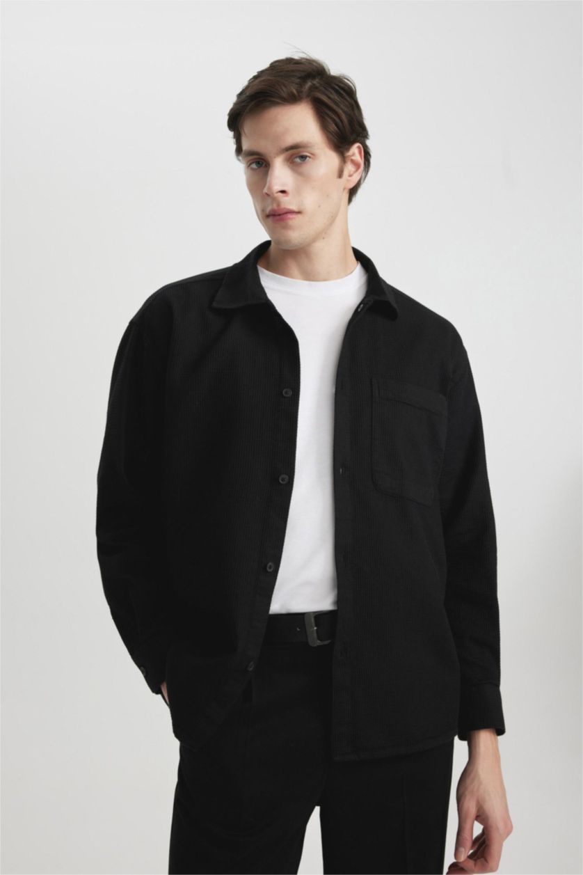 رجالي أسود قميص بولو كم طويل اوفر سايز