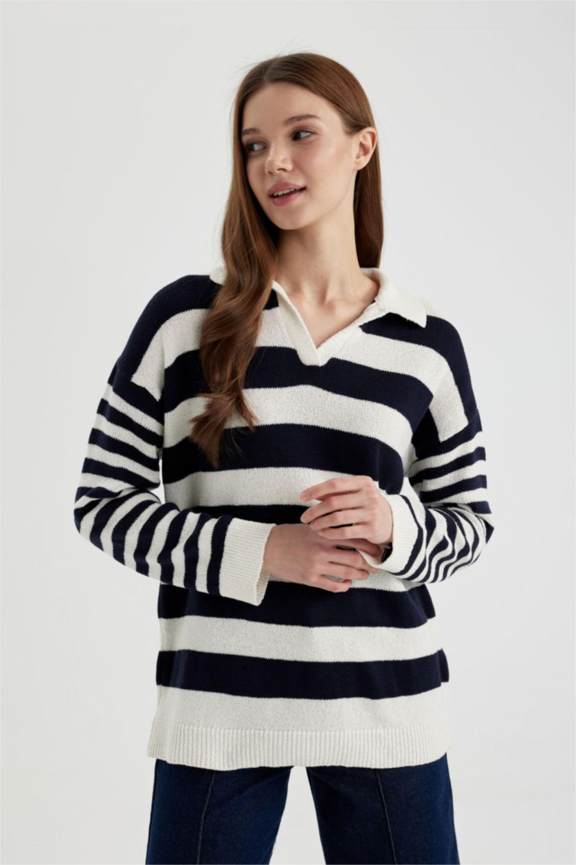 Kadın Lacivert Regular Fit Çizgili Polo Yaka Tesettür Tişört Tunik