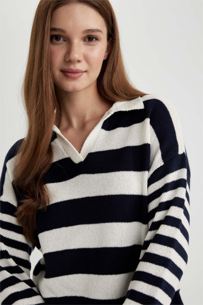 Kadın Lacivert Regular Fit Çizgili Polo Yaka Tesettür Tişört Tunik