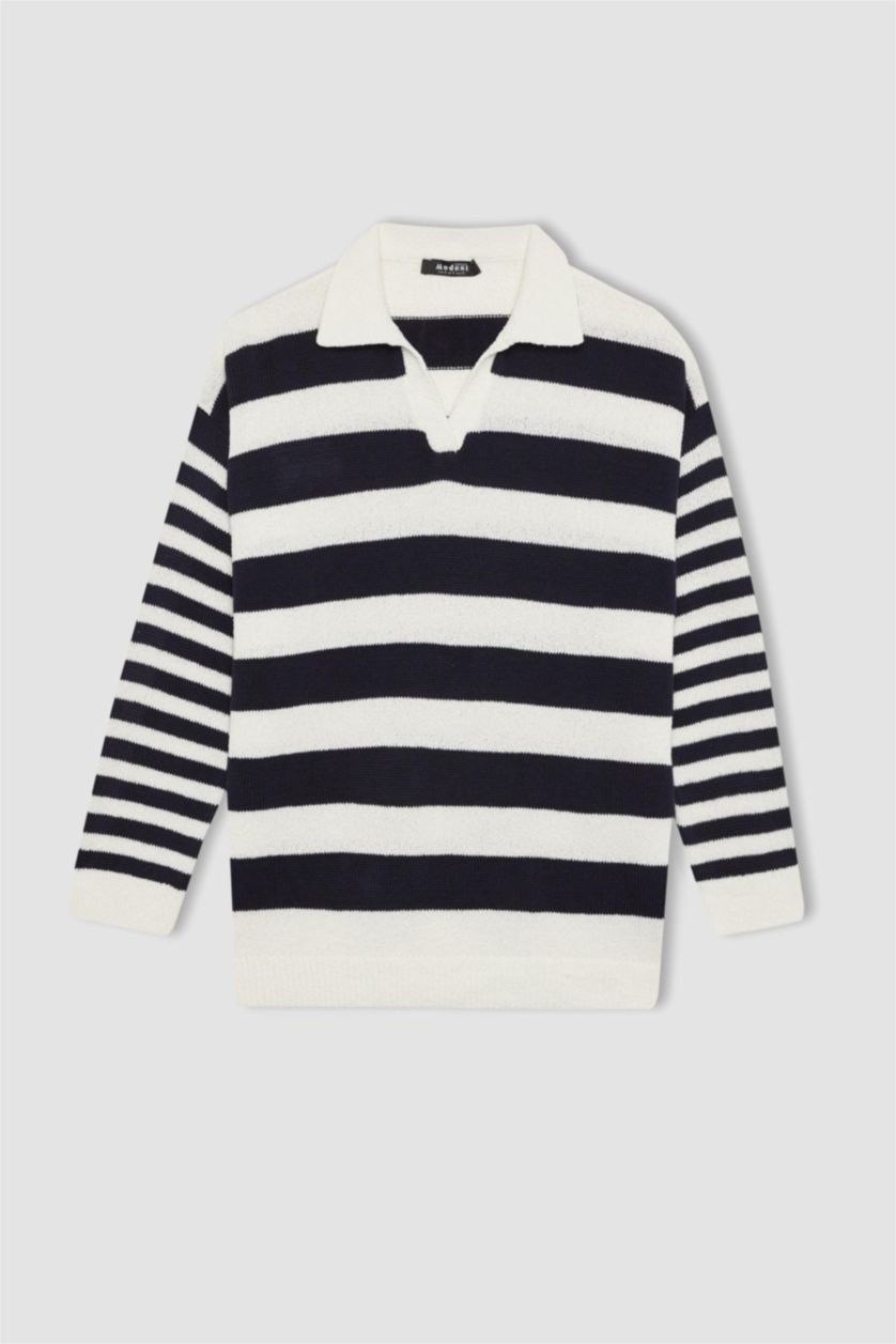 Kadın Lacivert Regular Fit Çizgili Polo Yaka Tesettür Tişört Tunik