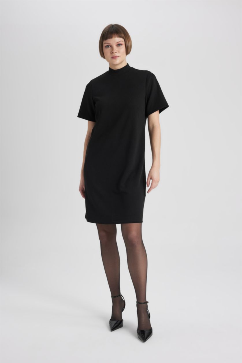 WOMAN Black A-Line Half Turtleneck Premium Mini Dress