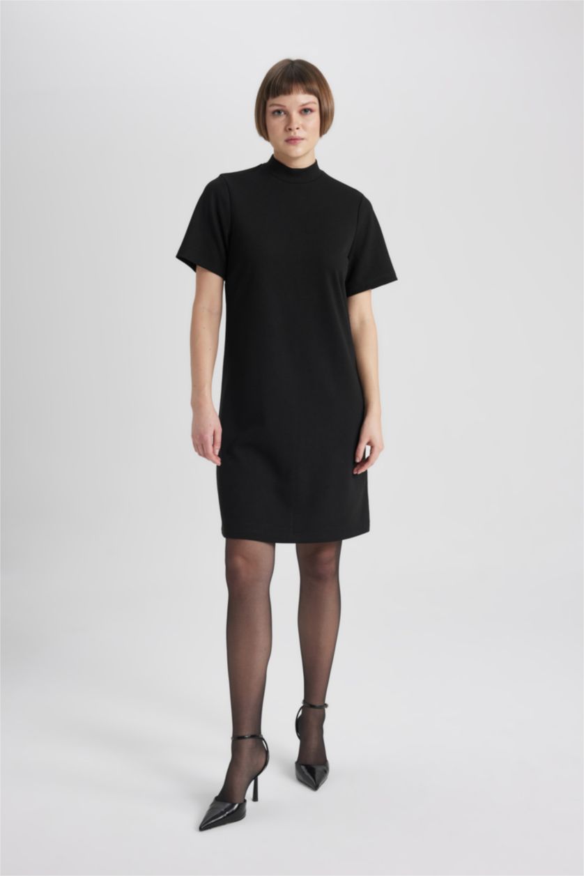 WOMAN Black A-Line Half Turtleneck Premium Mini Dress
