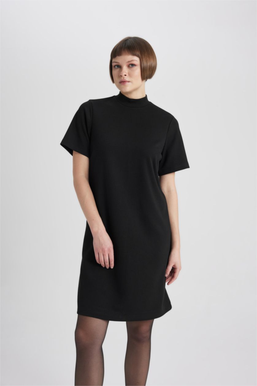 WOMAN Black A-Line Half Turtleneck Premium Mini Dress