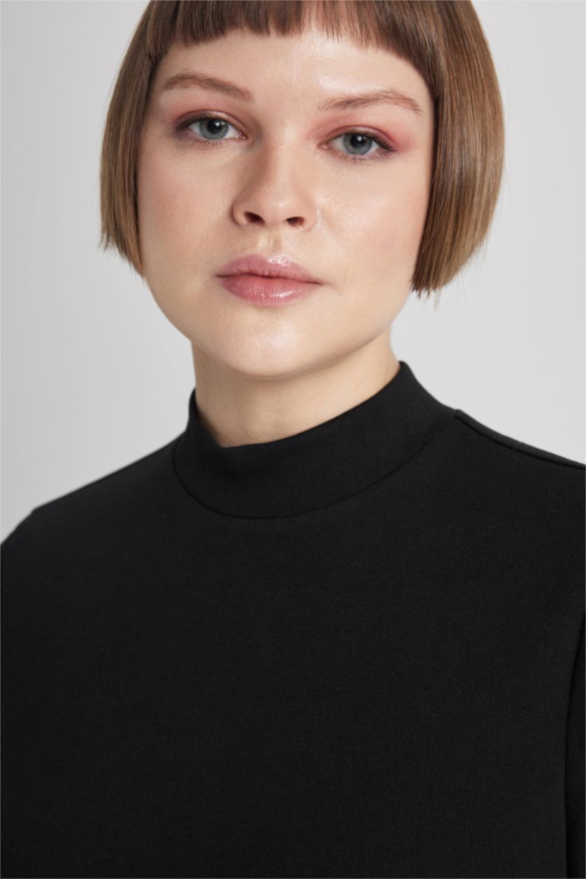 WOMAN Black A-Line Half Turtleneck Premium Mini Dress