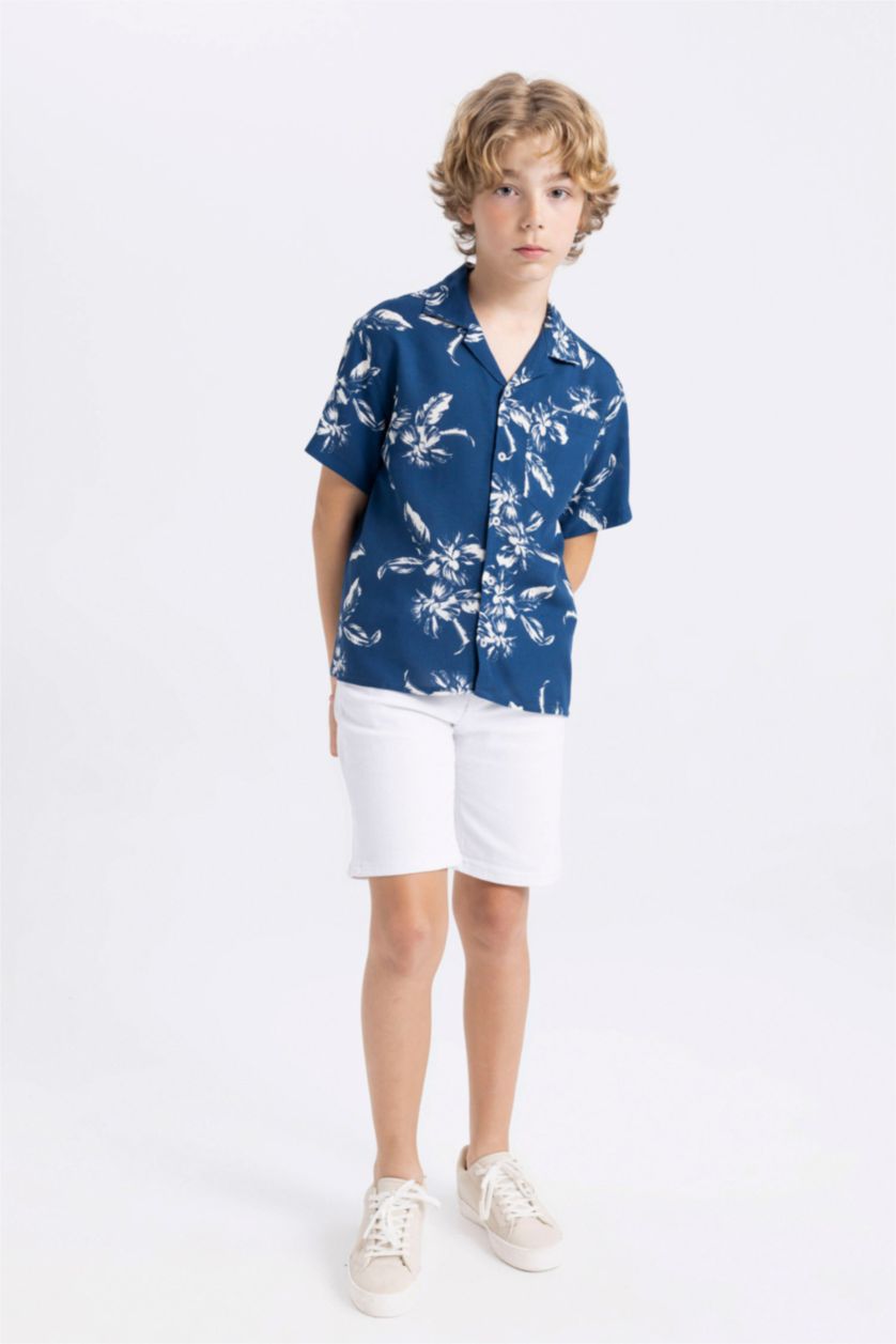 Erkek Çocuk - Genç Erkek Lacivert Erkek Çocuk Oversize Geniş Kalıp Polo Yaka Desenli Viskon Kısa Kollu Gömlek