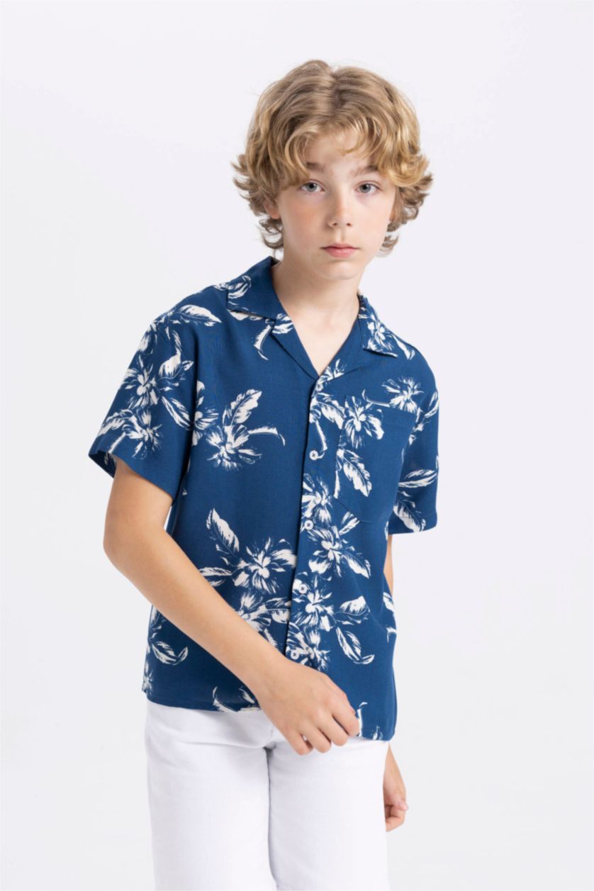 Erkek Çocuk - Genç Erkek Lacivert Erkek Çocuk Oversize Geniş Kalıp Polo Yaka Desenli Viskon Kısa Kollu Gömlek