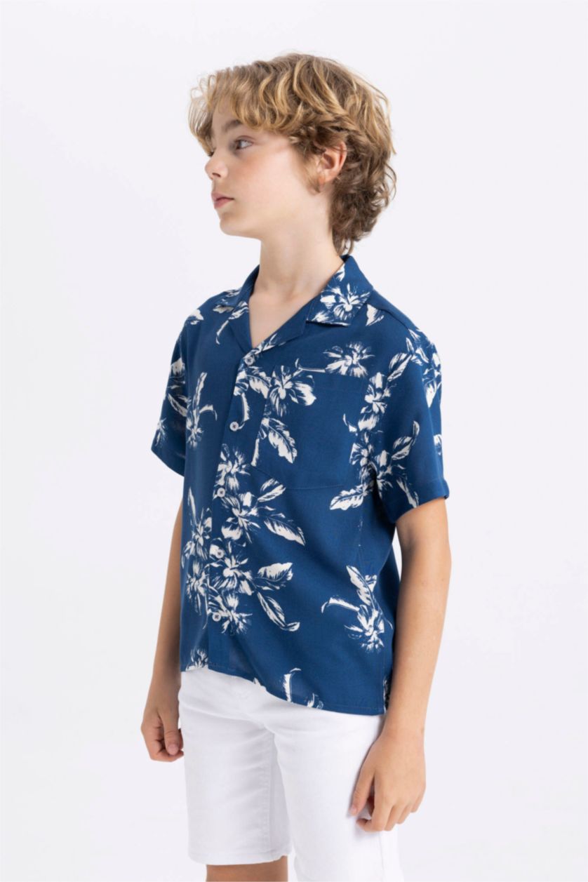 Erkek Çocuk - Genç Erkek Lacivert Erkek Çocuk Oversize Geniş Kalıp Polo Yaka Desenli Viskon Kısa Kollu Gömlek