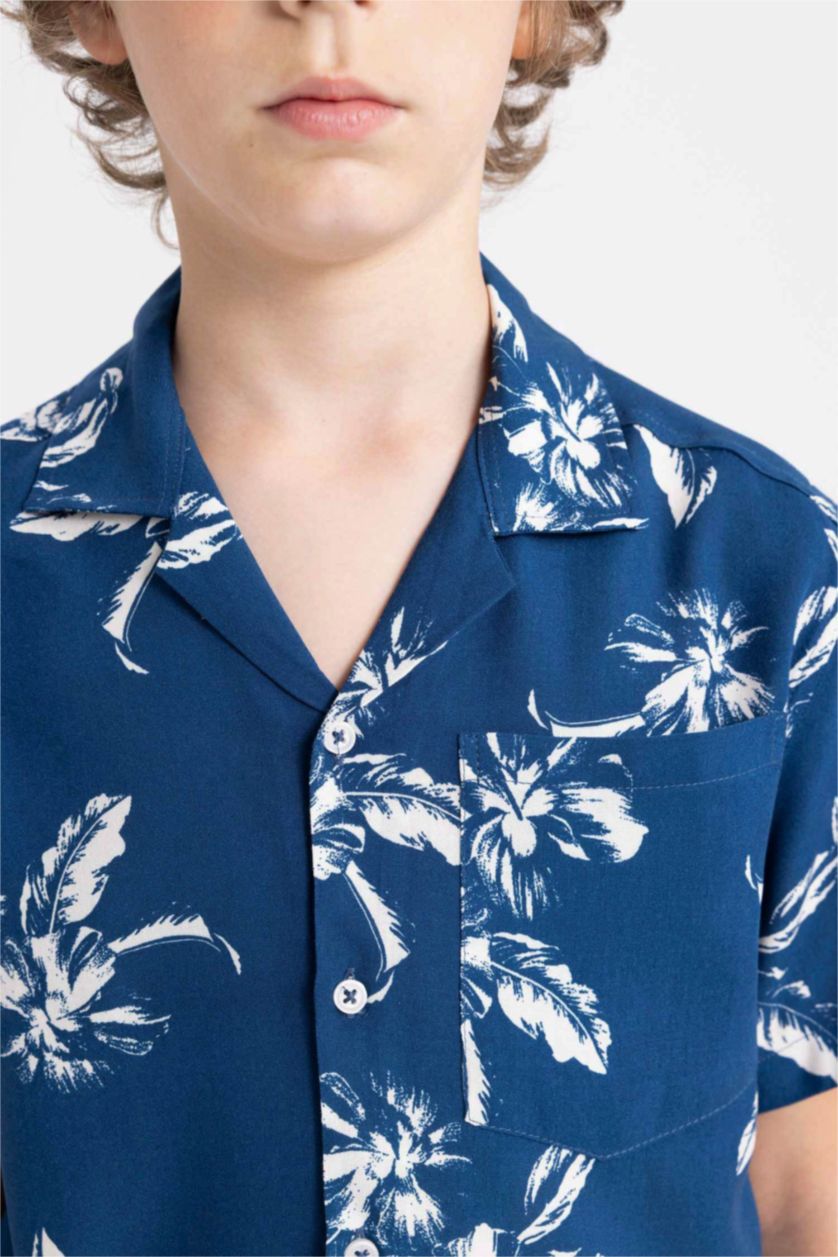 Erkek Çocuk - Genç Erkek Lacivert Erkek Çocuk Oversize Geniş Kalıp Polo Yaka Desenli Viskon Kısa Kollu Gömlek