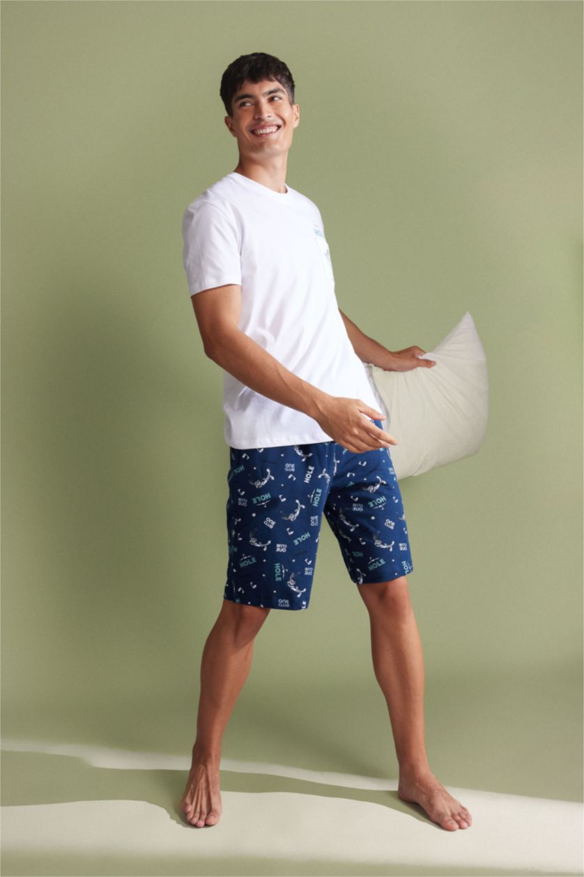 رجال أبيض طقم بيجاما قصة عادية نص كم من لوني تونز - قطعتين