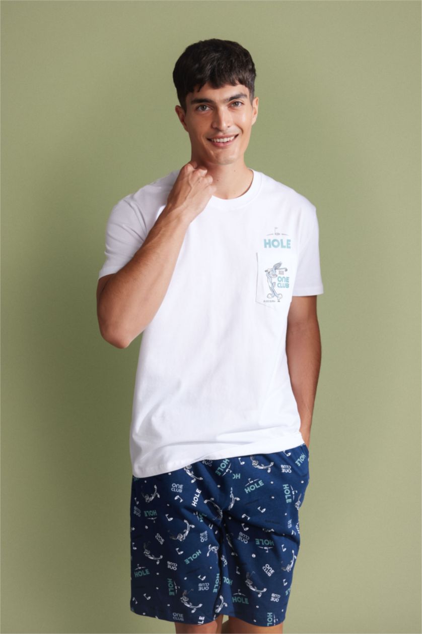 رجال أبيض طقم بيجاما قصة عادية نص كم من لوني تونز - قطعتين