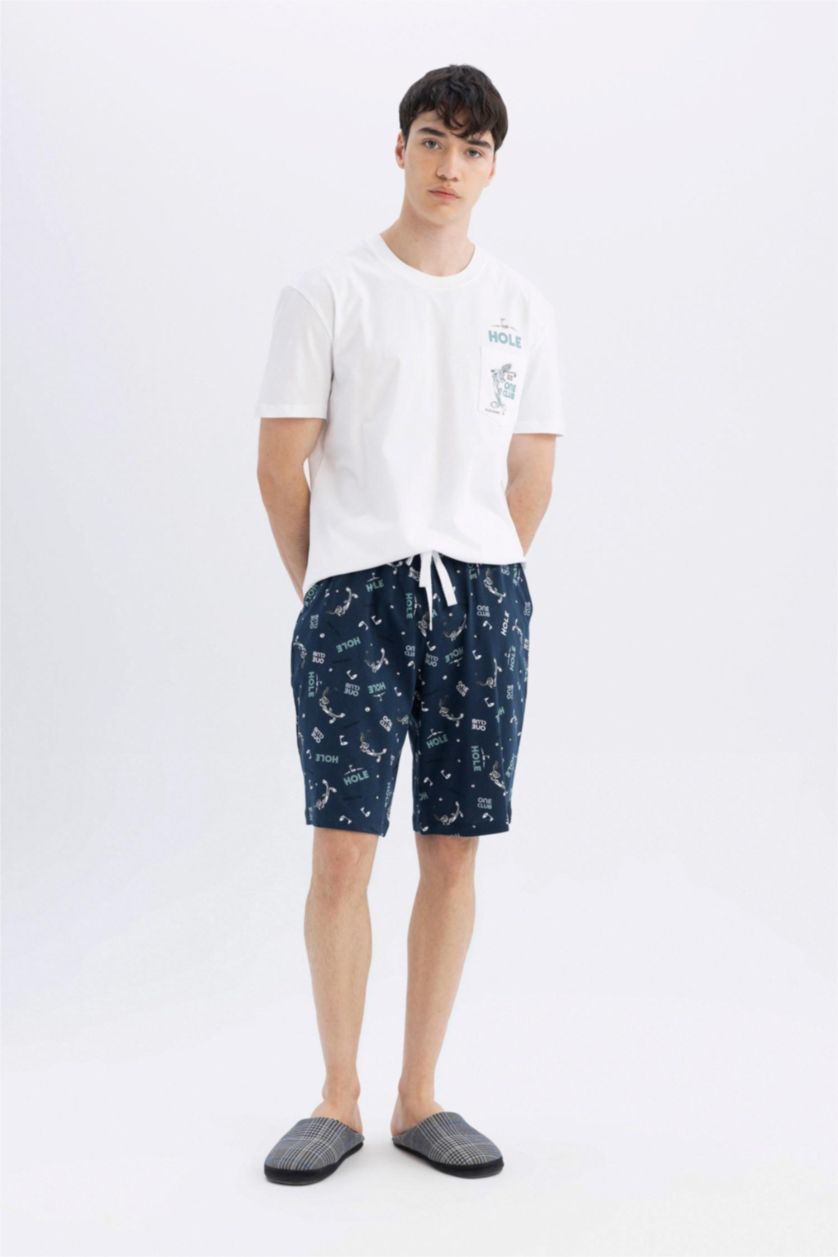 رجال أبيض طقم بيجاما قصة عادية نص كم من لوني تونز - قطعتين