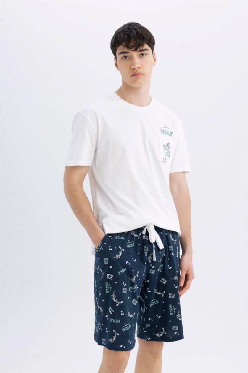 رجال أبيض طقم بيجاما قصة عادية نص كم من لوني تونز - قطعتين