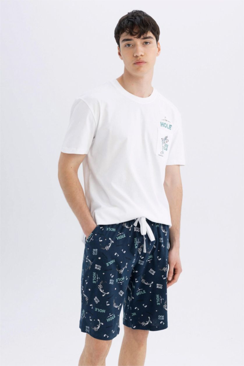 رجال أبيض طقم بيجاما قصة عادية نص كم من لوني تونز - قطعتين