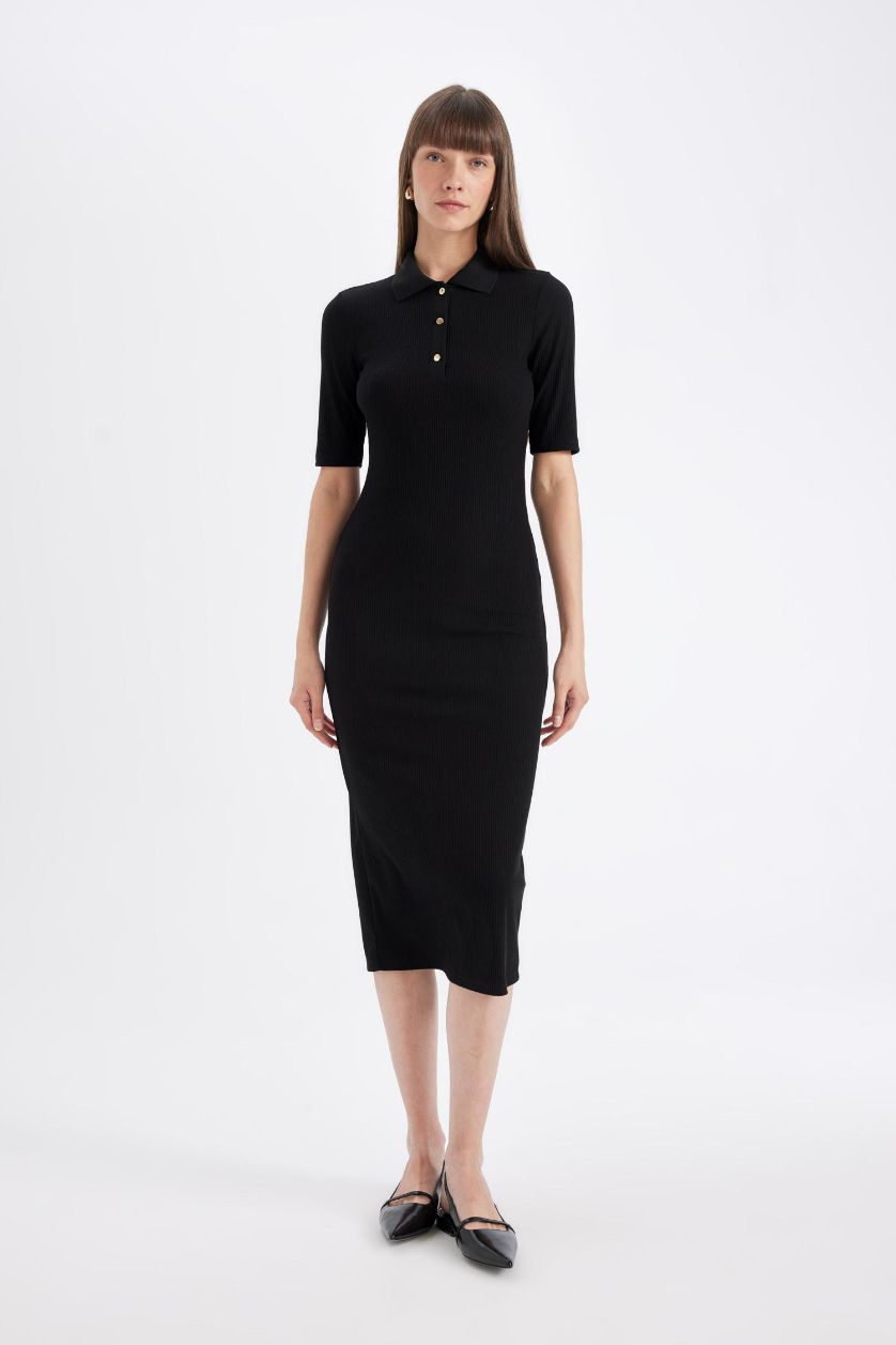 WOMAN Black Bodycon Polo Neck Corduroy Half Sleeve Midi Dress