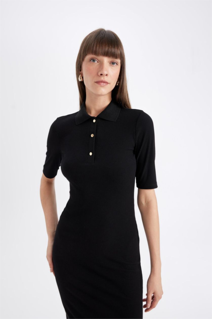 WOMAN Black Bodycon Polo Neck Corduroy Half Sleeve Midi Dress