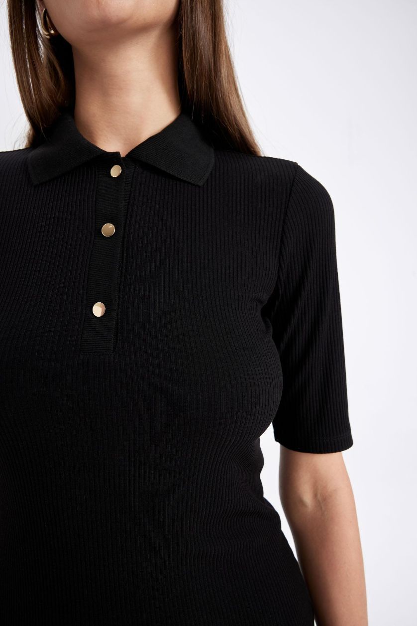 WOMAN Black Bodycon Polo Neck Corduroy Half Sleeve Midi Dress