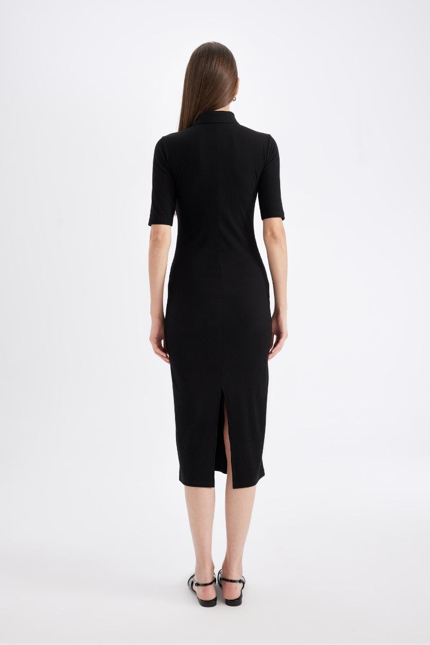 WOMAN Black Bodycon Polo Neck Corduroy Half Sleeve Midi Dress