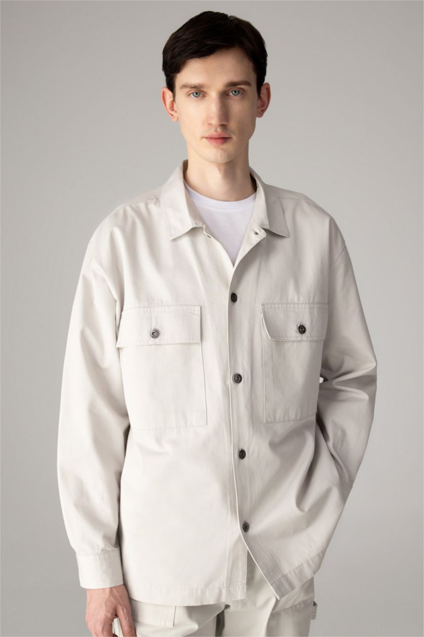 Erkek Taş %100 Pamuk Oversize Geniş Kalıp Polo Yaka Twill Uzun Kollu Gömlek Ceket