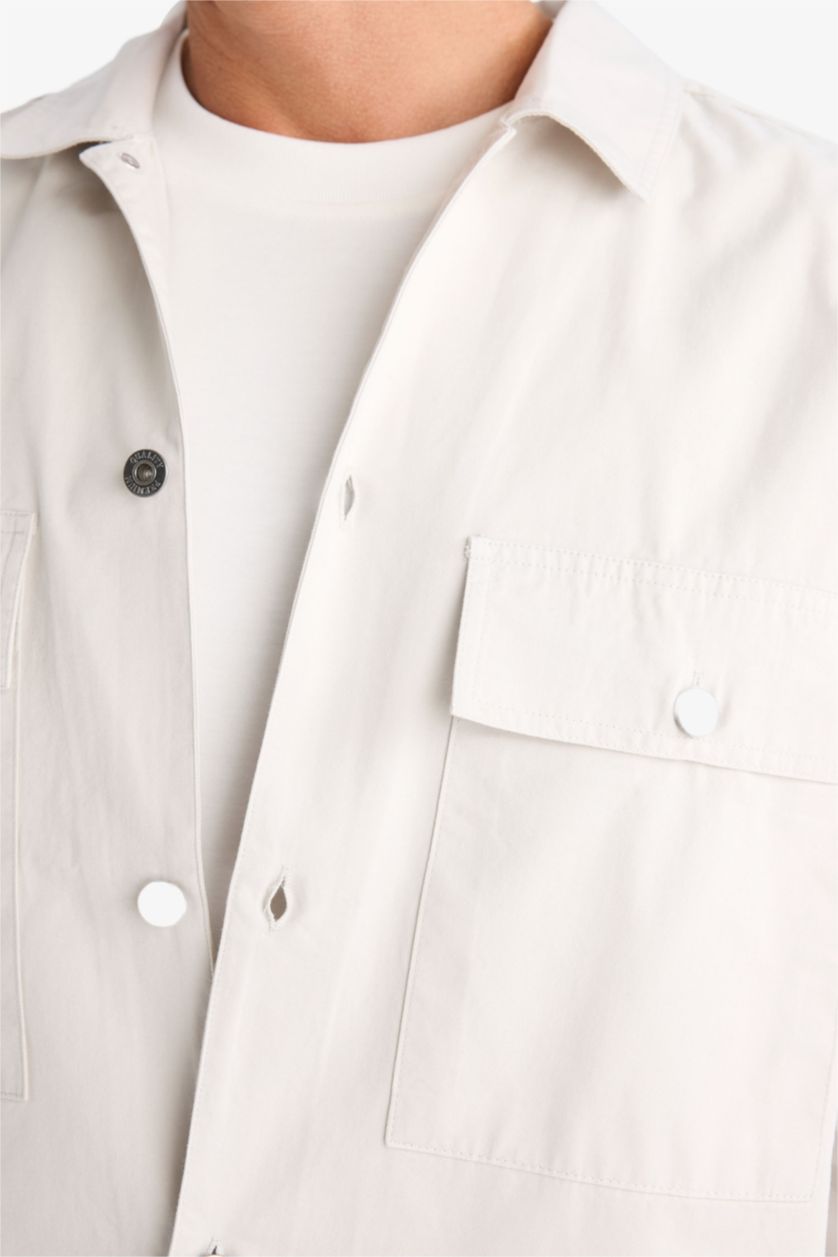 Erkek Taş %100 Pamuk Oversize Geniş Kalıp Polo Yaka Twill Uzun Kollu Gömlek Ceket