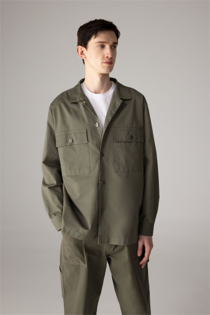 Erkek Koyu Haki %100 Pamuk Oversize Geniş Kalıp Polo Yaka Çapraz Dokuma Gömlek Ceket
