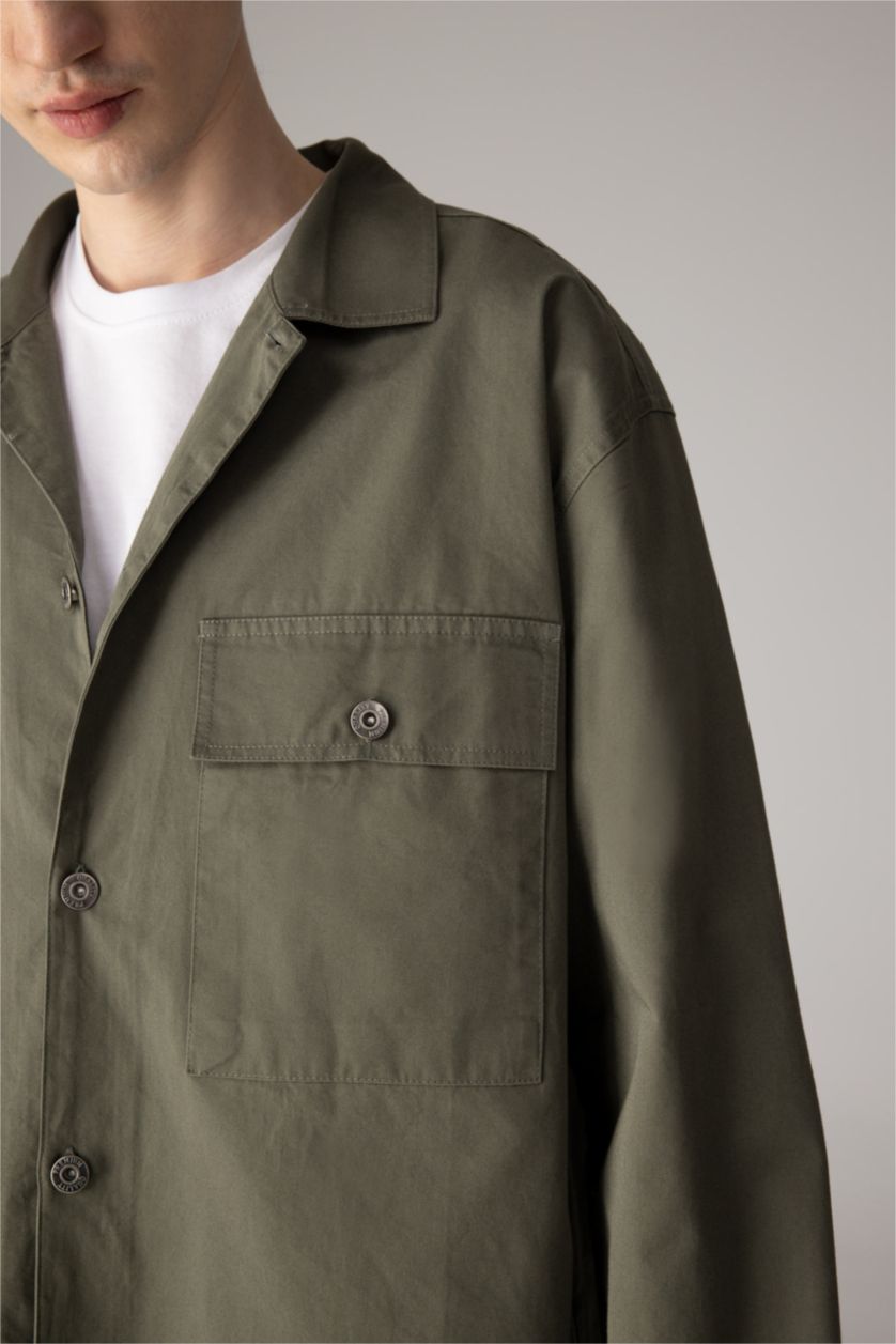 Erkek Koyu Haki %100 Pamuk Oversize Geniş Kalıp Polo Yaka Çapraz Dokuma Gömlek Ceket