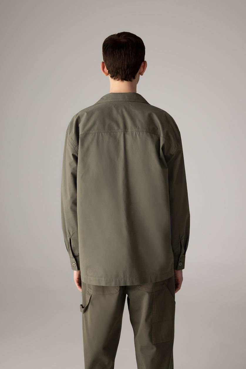 Erkek Koyu Haki %100 Pamuk Oversize Geniş Kalıp Polo Yaka Çapraz Dokuma Gömlek Ceket