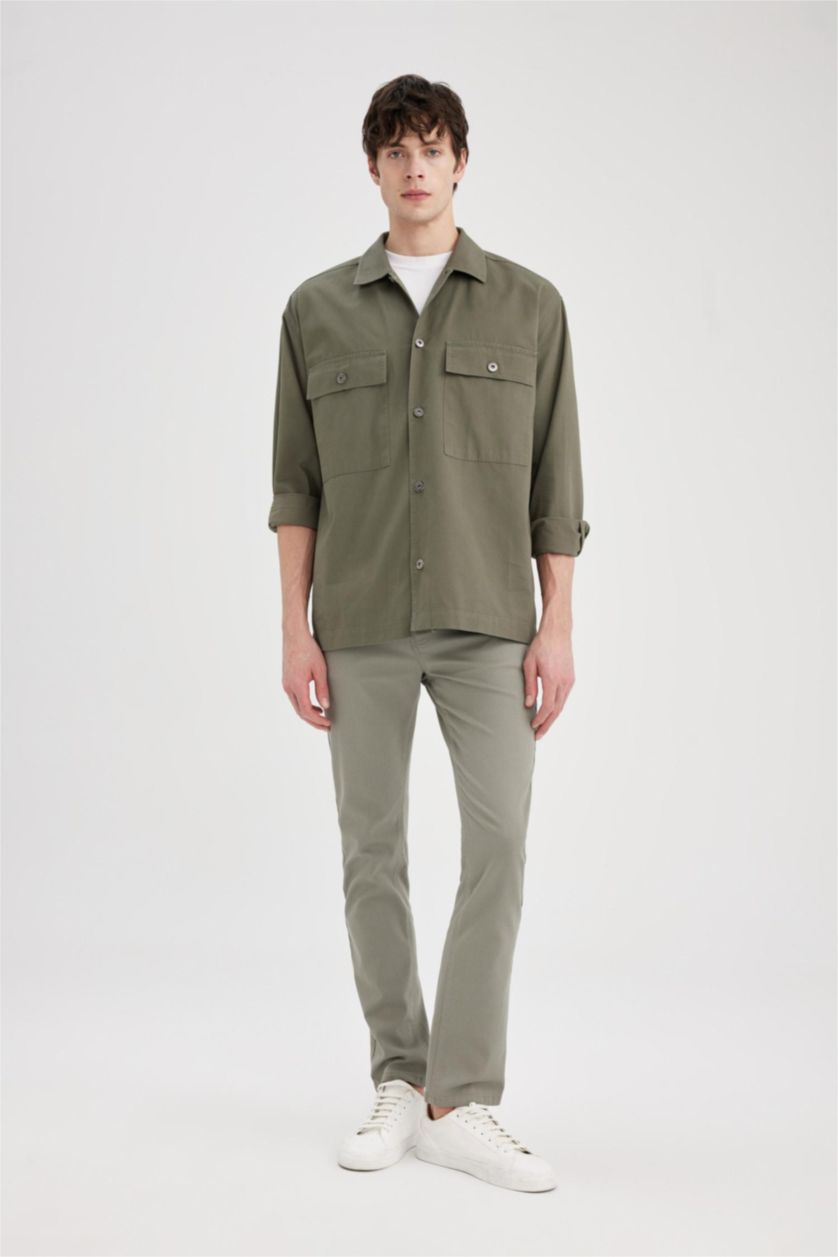 Erkek Koyu Haki %100 Pamuk Oversize Geniş Kalıp Polo Yaka Çapraz Dokuma Gömlek Ceket