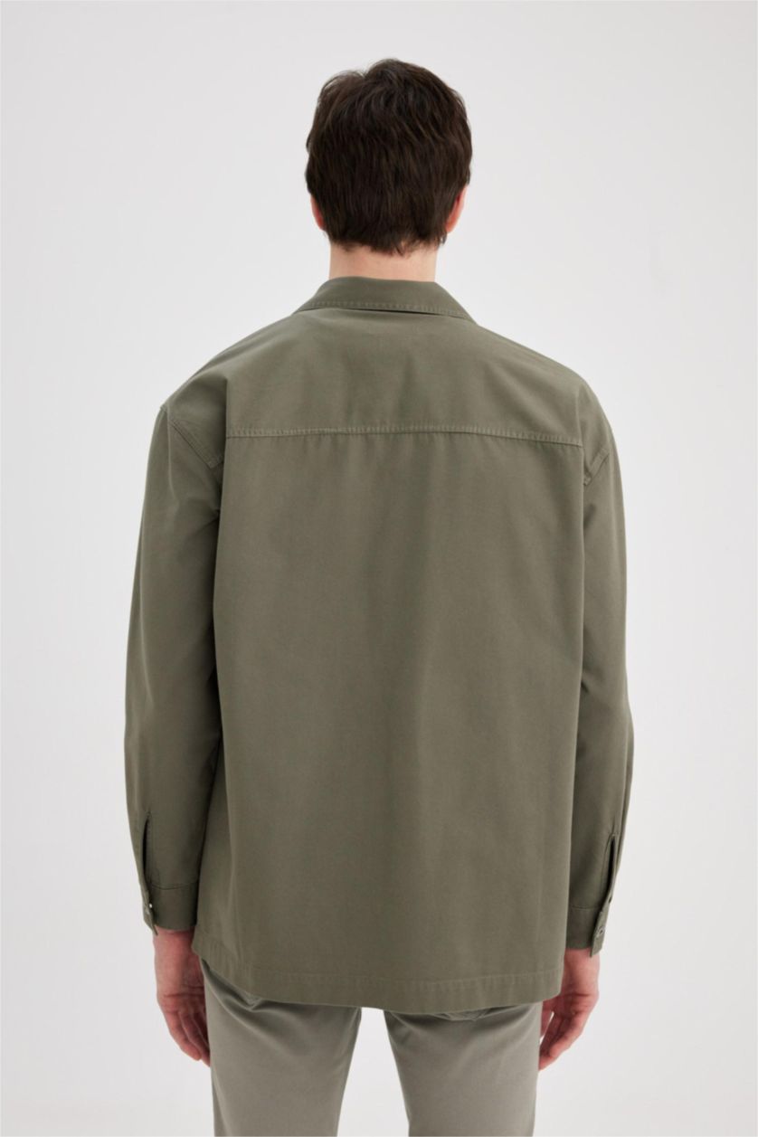 Erkek Koyu Haki %100 Pamuk Oversize Geniş Kalıp Polo Yaka Çapraz Dokuma Gömlek Ceket