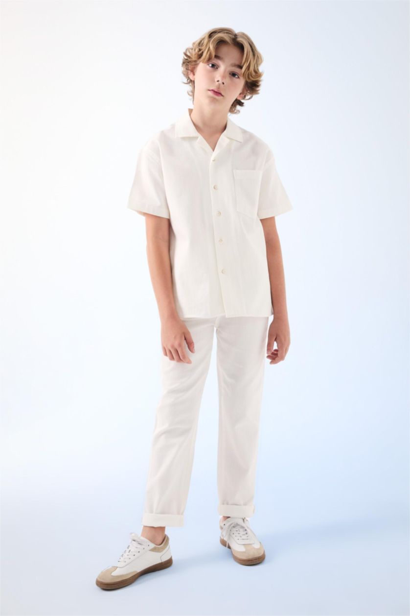 BOYS & TEENS White Boy Oversize Fit Polo Neck Linen Look Short Sleeve Shirt