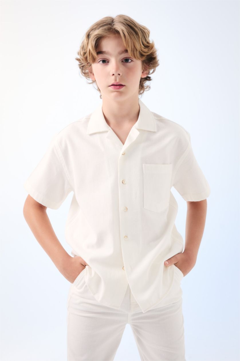 BOYS & TEENS White Boy Oversize Fit Polo Neck Linen Look Short Sleeve Shirt