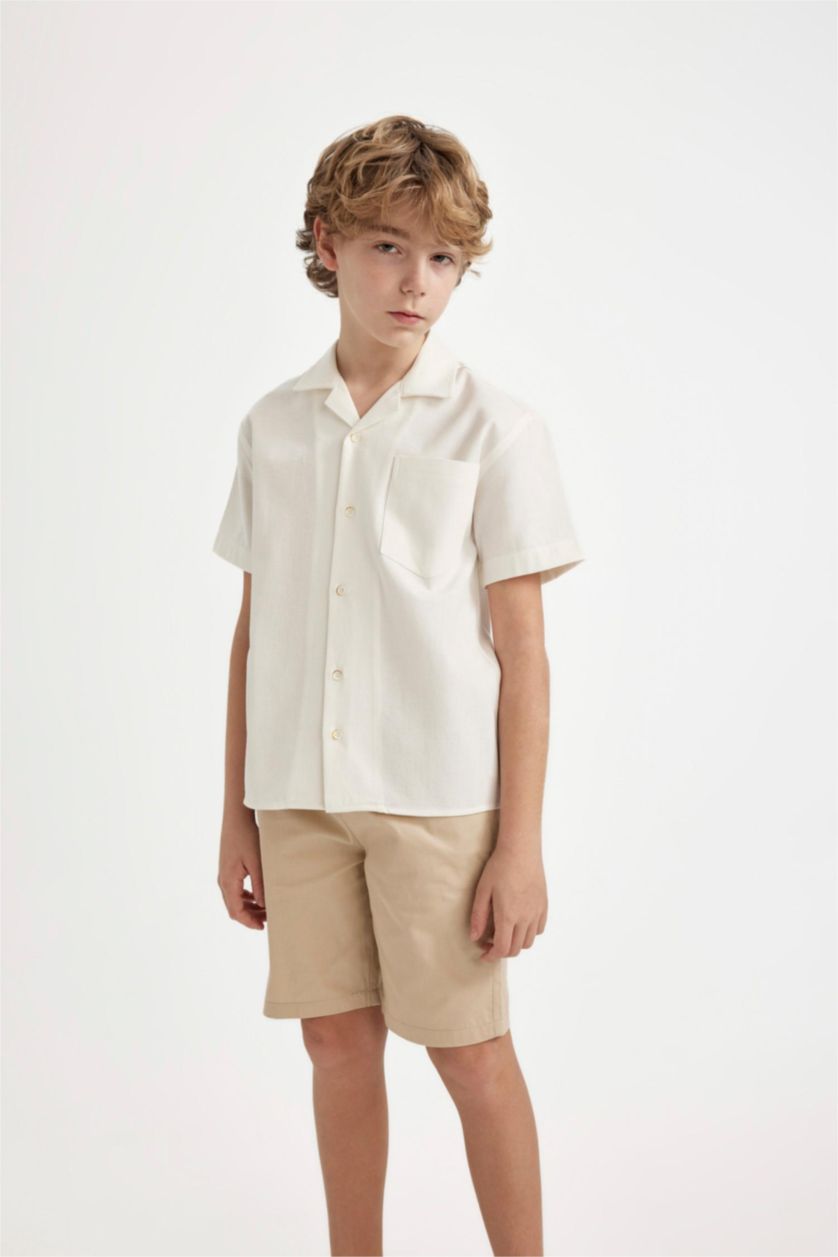 BOYS & TEENS White Boy Oversize Fit Polo Neck Linen Look Short Sleeve Shirt