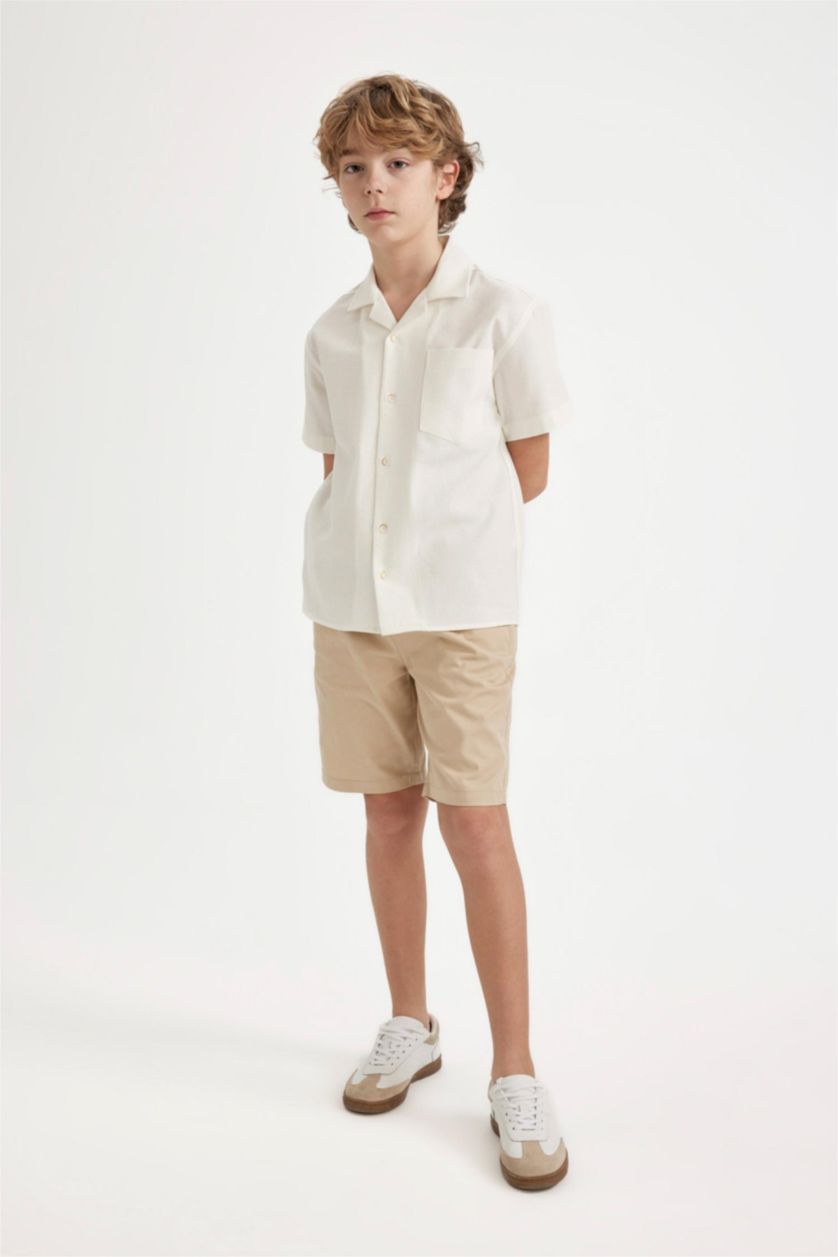 BOYS & TEENS White Boy Oversize Fit Polo Neck Linen Look Short Sleeve Shirt