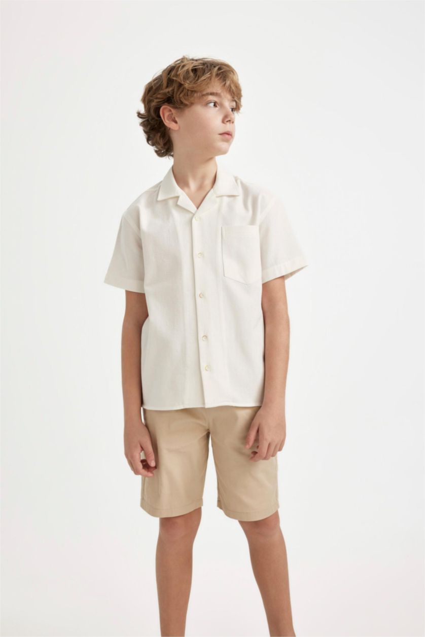 BOYS & TEENS White Boy Oversize Fit Polo Neck Linen Look Short Sleeve Shirt