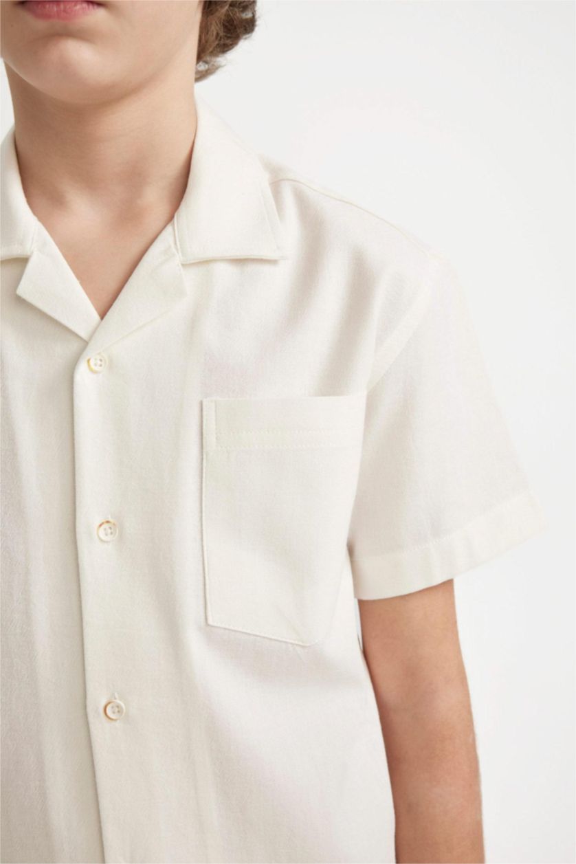 BOYS & TEENS White Boy Oversize Fit Polo Neck Linen Look Short Sleeve Shirt