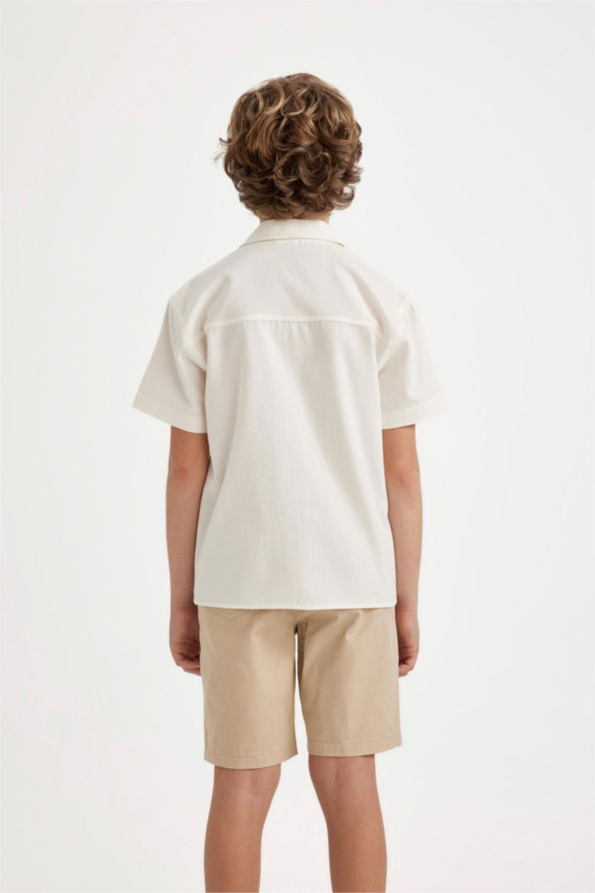 BOYS & TEENS White Boy Oversize Fit Polo Neck Linen Look Short Sleeve Shirt