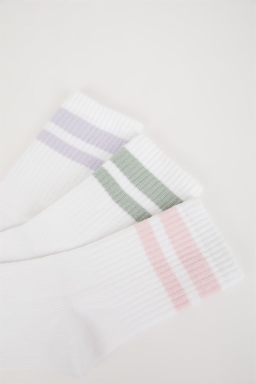 Kız Çocuk - Genç Kız Beyaz Rahat Lastikli 3'lü Pamuklu Uzun Çorap Kız Çocuk