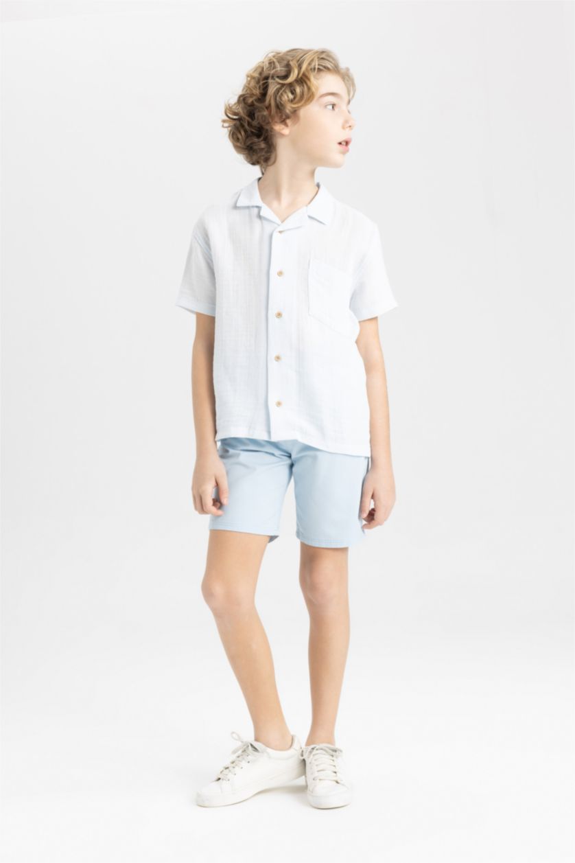 Erkek Çocuk - Genç Erkek Açık Mavi Cepli Basic Düz Gabardin Şort Erkek Çocuk